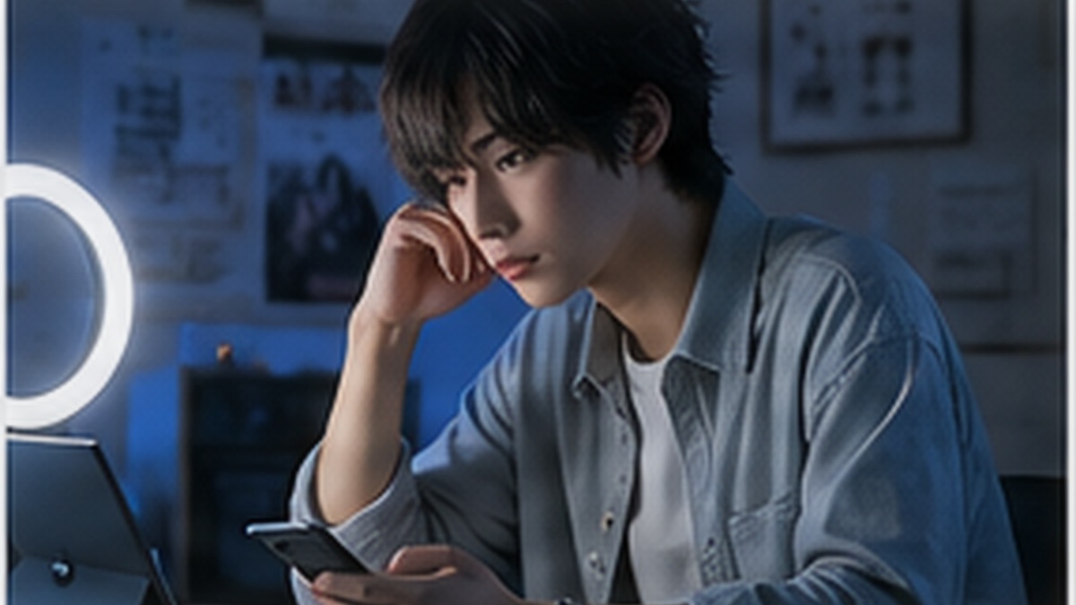 公式の募集条件を確認する架空の成人男性のイメージ（AI生成）