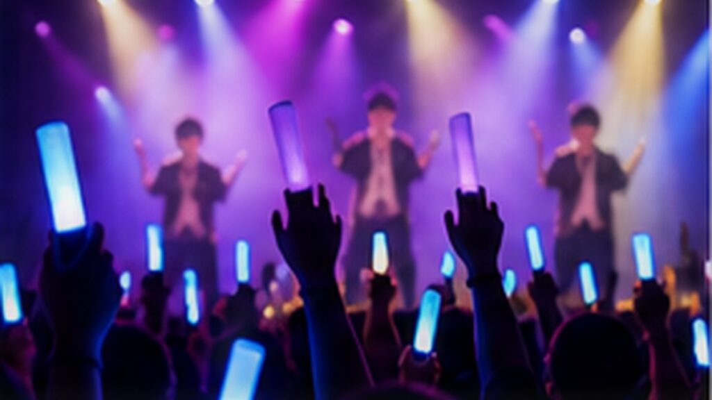 青と紫の照明の中でペンライトを振る観客と架空の男性アイドルのステージ