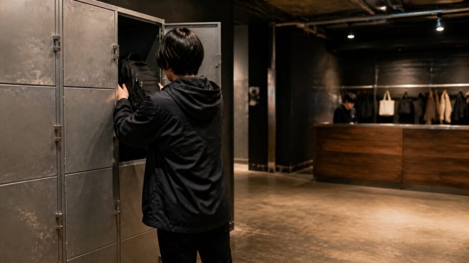 架空のライブ会場のロッカーにバッグを入れる成人来場者