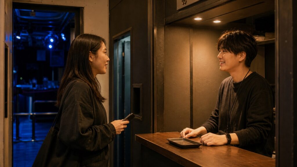 ライブハウスの受付でスタッフに確認する架空の成人来場者