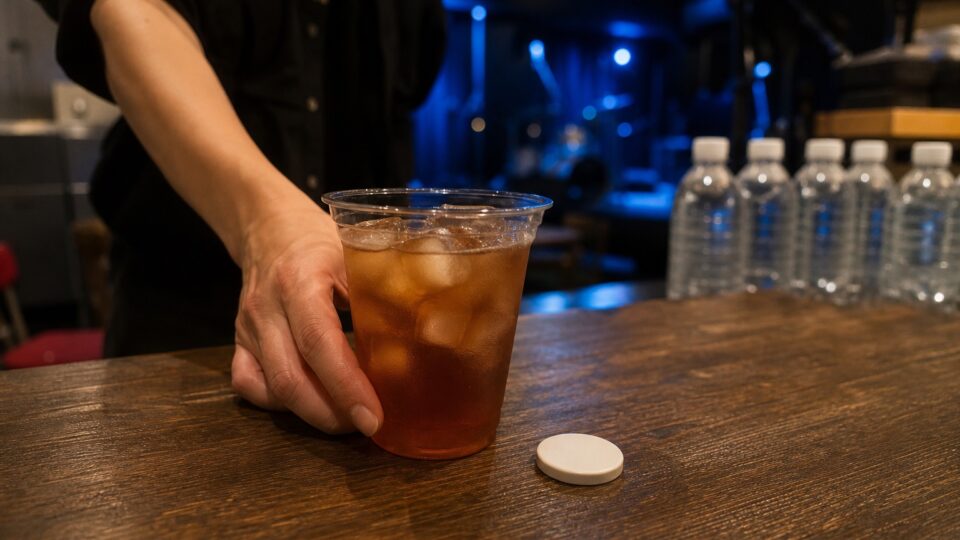架空のライブハウスで提供される冷たいお茶と無地のドリンクコイン