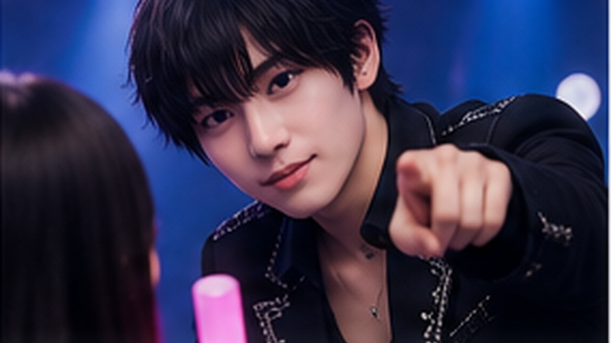 ステージから客席へ指を差す架空の成人男性アイドル