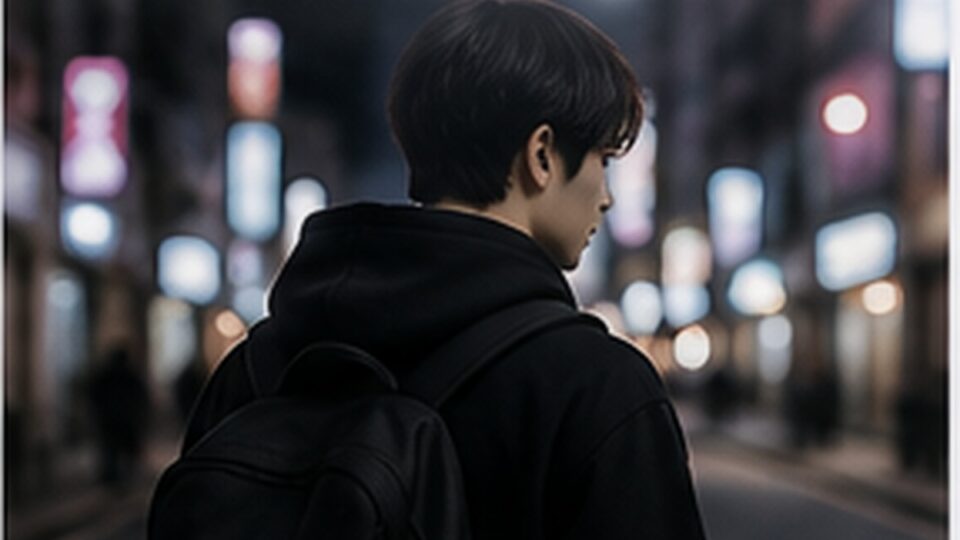 夜の街で立ち止まるバックパック姿の架空の成人男性