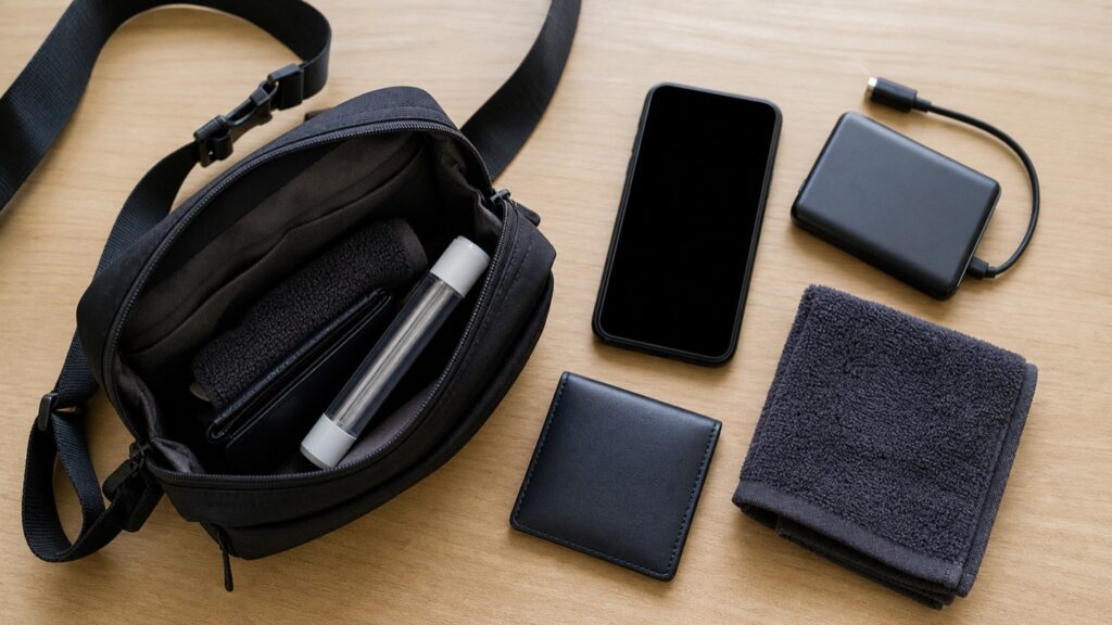 バッグとスマートフォン、充電器、財布、タオル、ペンライトを並べた静物