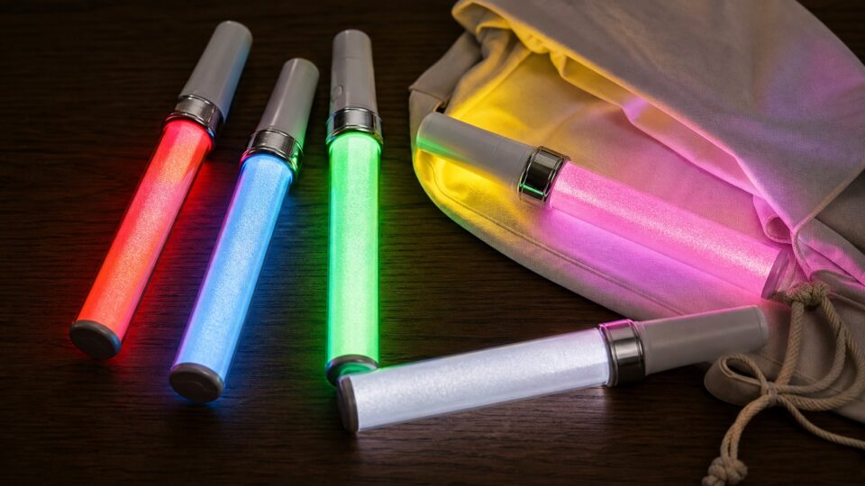 テーブルに置かれた色違いの無地のペンライト
