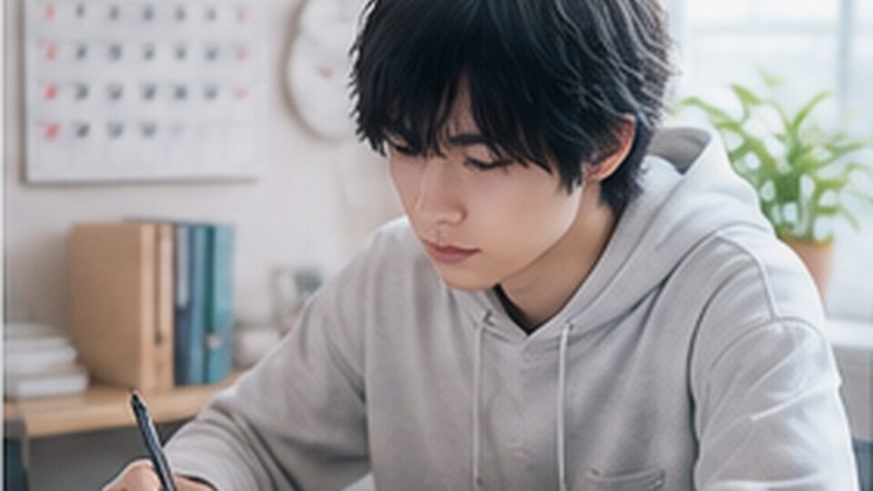 予定をノートに書く架空の成人男性のイメージ（AI生成）
