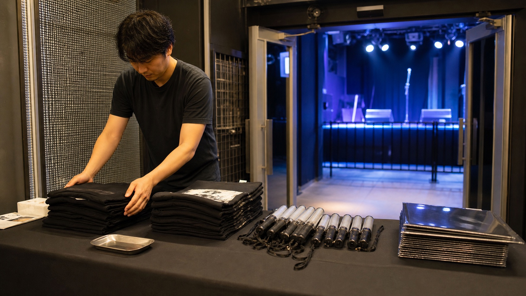 ライブハウスの物販卓でペンライトや衣類を準備する架空のスタッフ