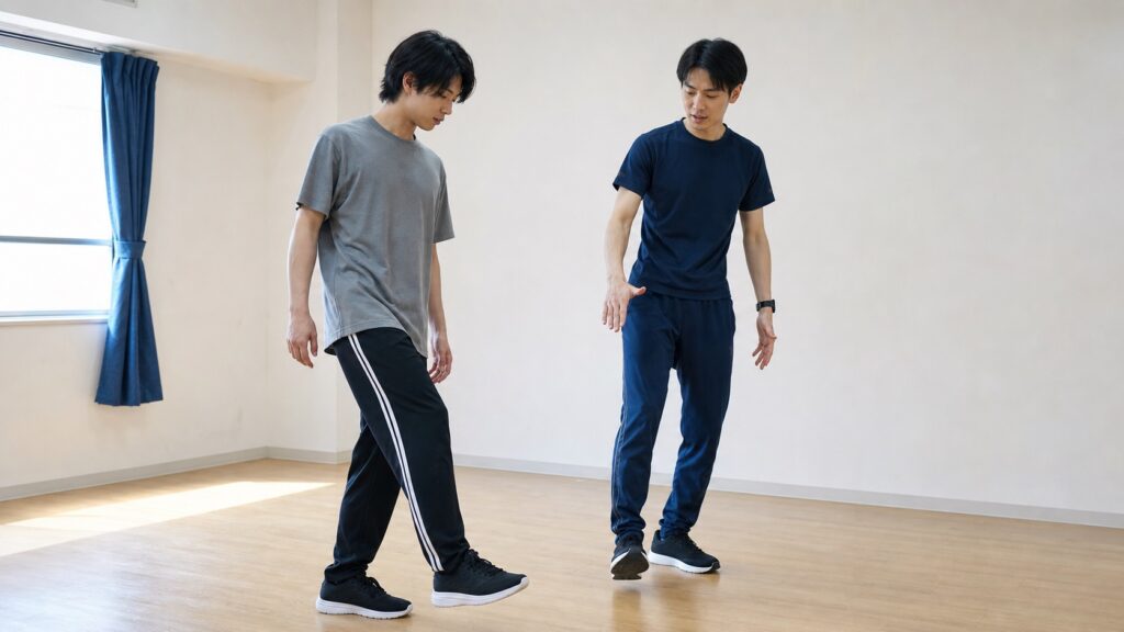 ダンスの基礎を練習する架空の成人男性と指導者のイメージ(AI生成)