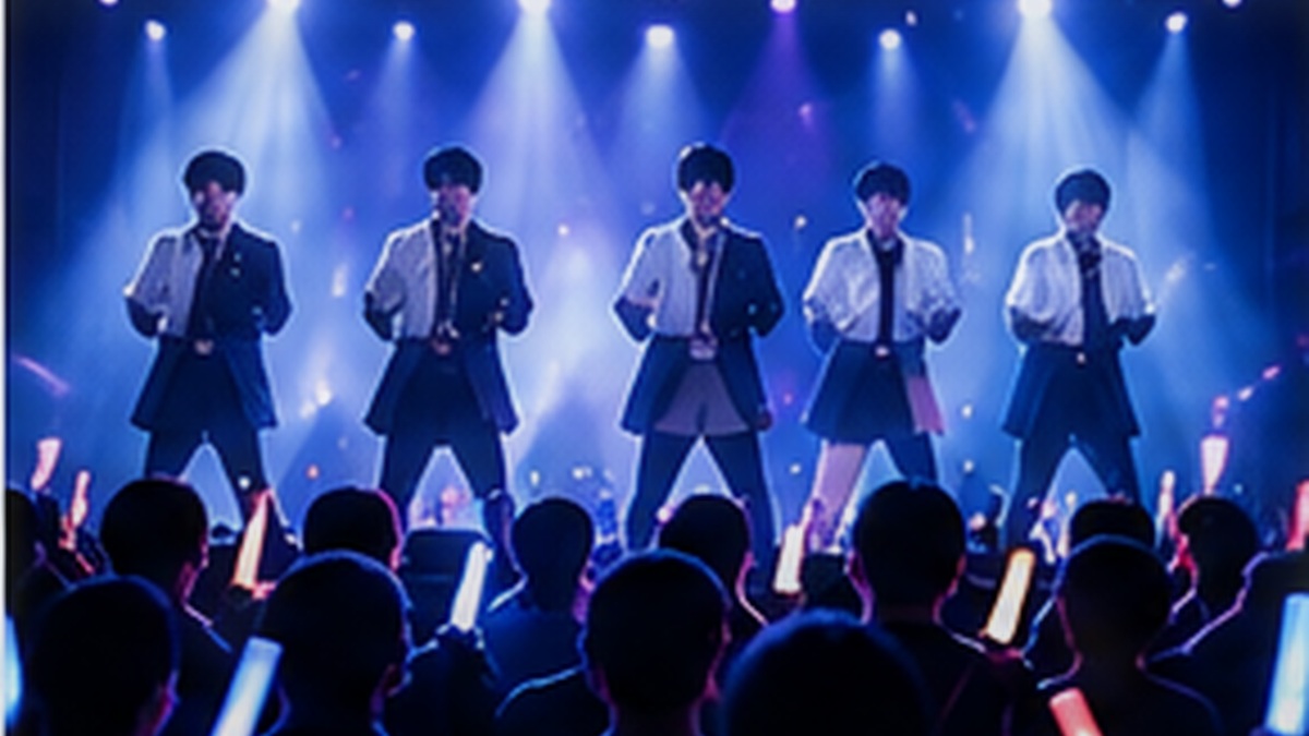ステージでパフォーマンスをする架空のメンズアイドル