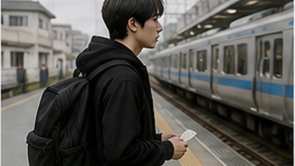 駅で移動を待つバックパック姿の架空の成人男性