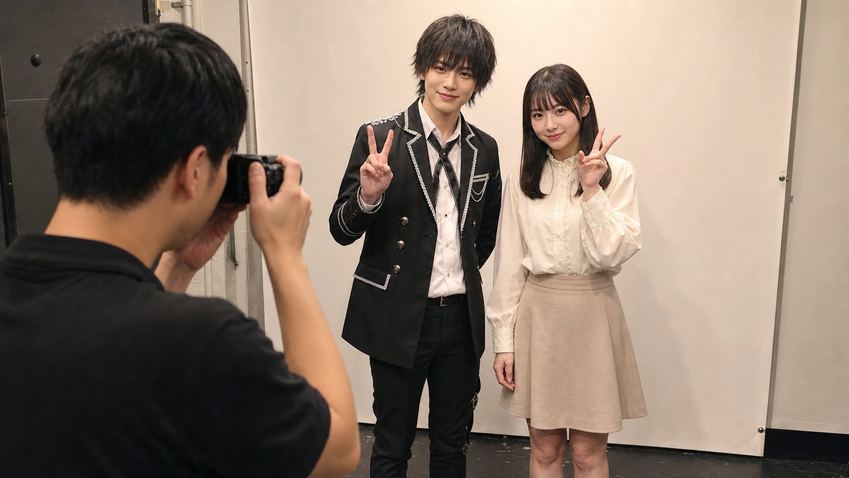 撮影スペースでアイドルとファンが記念撮影に臨む架空の場面